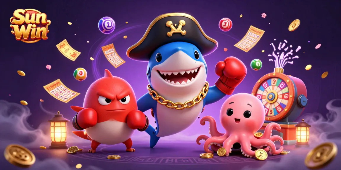 Experience thrilling wins with Sun Win’s colorful lottery-themed scene featuring dynamic characters and vibrant elements.