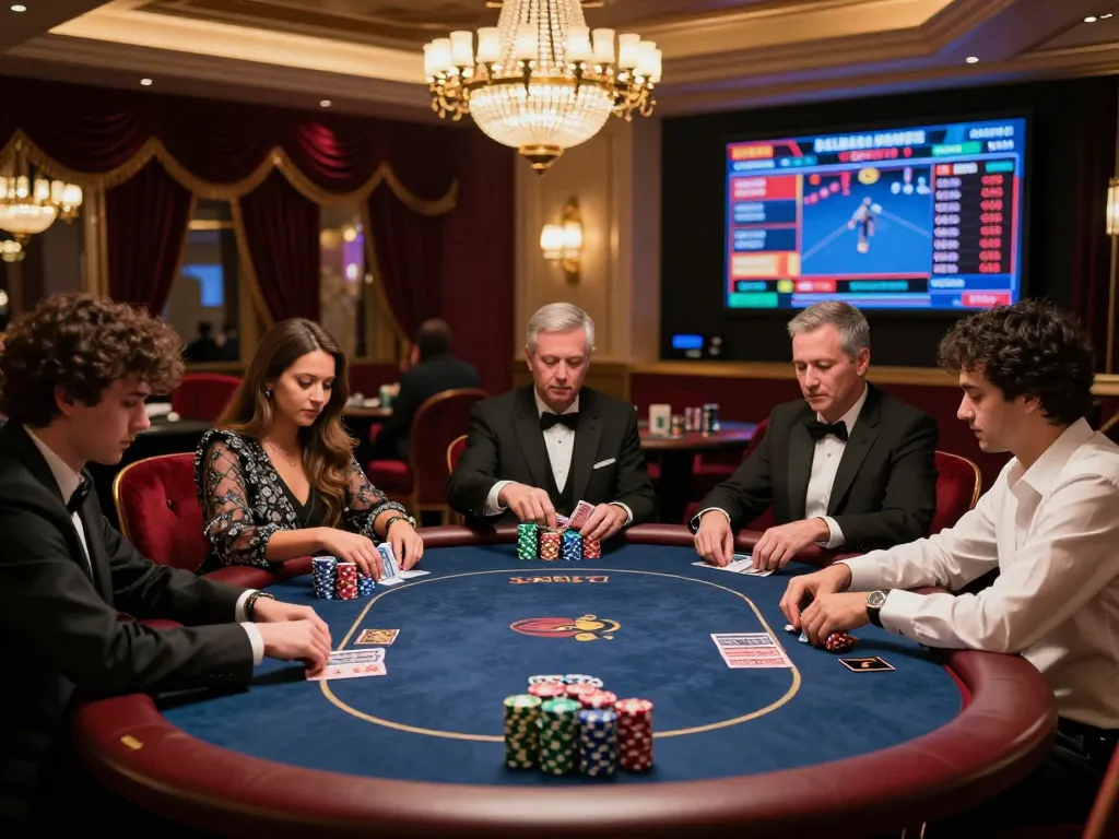 Players engaged in intense poker action at a luxurious table in a casino featuring VIN777 atmosphere.