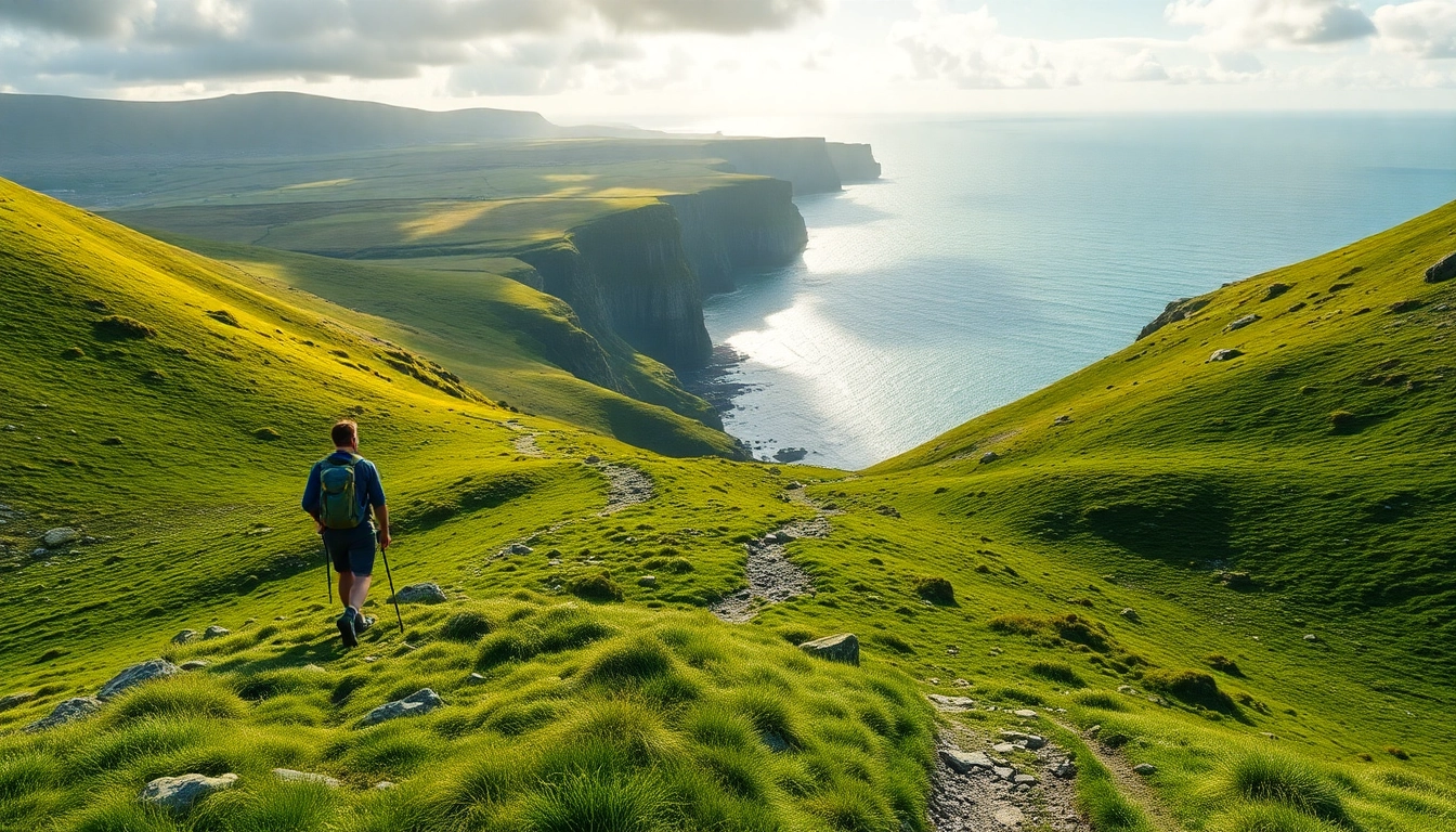 Wanderer auf dem Kerry Way Irland, umgeben von atemberaubenden grünen Hügeln und Klippen.