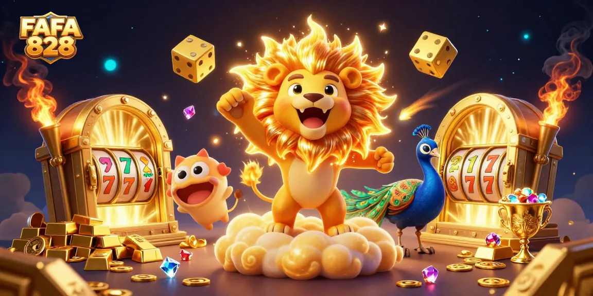 FAFA 828 showcases a triumphant cartoon lion amidst casino treasures and slot elements.