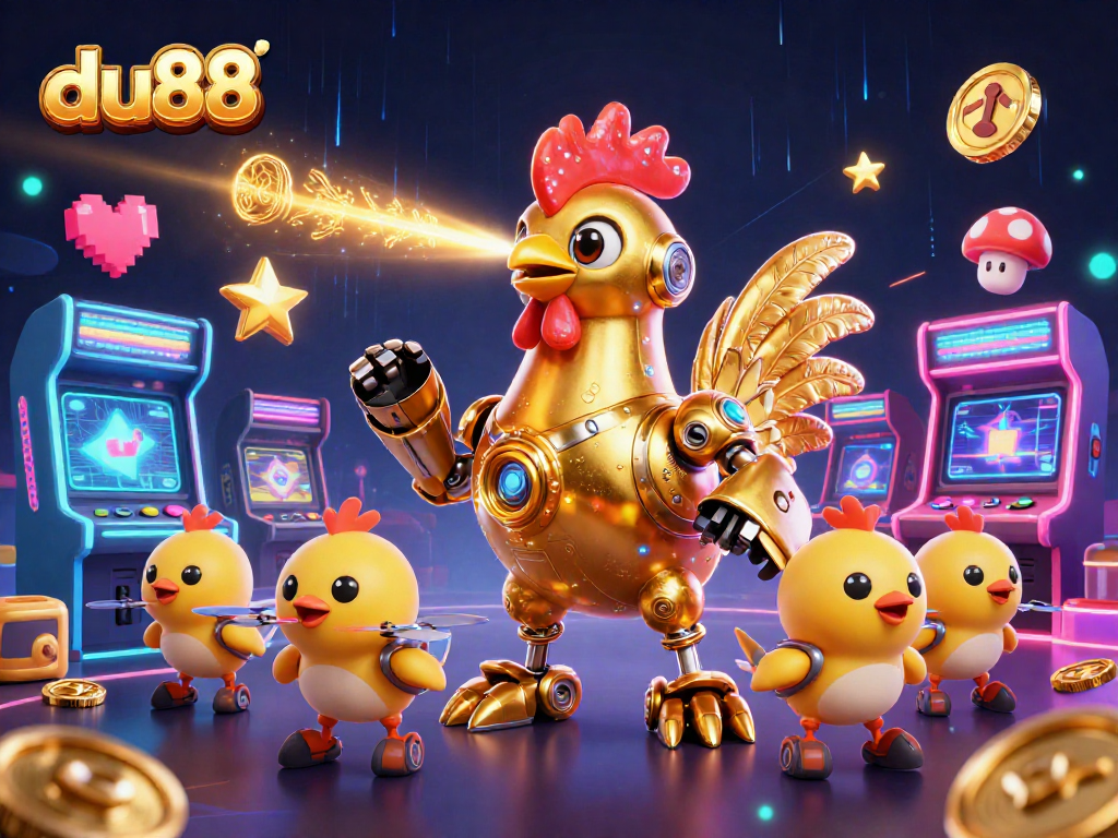 Engage in thrilling games at du88 with vibrant arcade casino elements and a futuristic rooster robot.