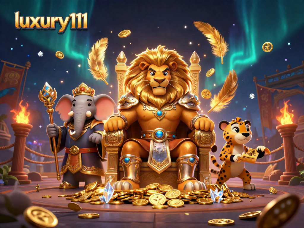 Luxury111 features a lion king and allies in a vibrant casino-themed 3D illustration.