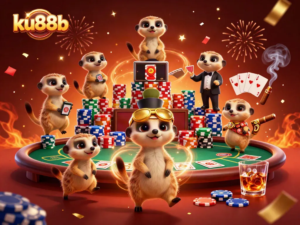 Experience thrilling gameplay at ku88b with a vibrant casino scene full of meerkats and poker excitement.