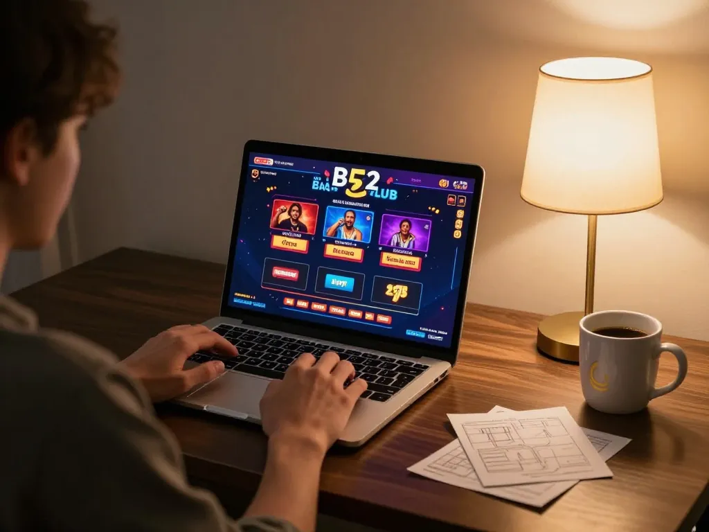 Trải nghiệm trò chơi trực tuyến B52 club với một người chơi đang tham gia trên laptop, trình diễn các trò chơi casino sống động.