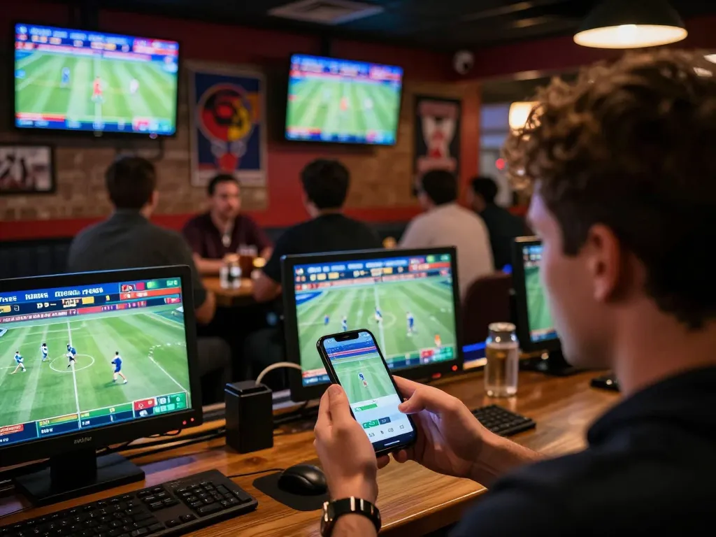 Person placing bets on smartphone while engaging with 79king2 sports betting screens in vibrant setting.