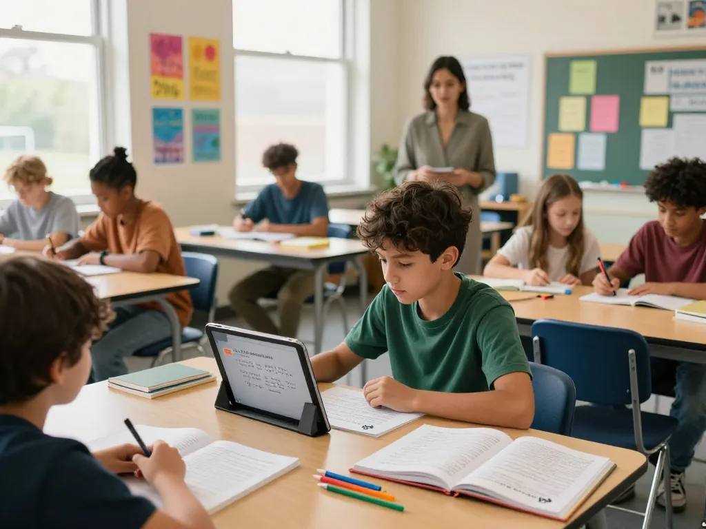 Studierende, die mit Hausaufgaben KI-Technologie in einem hellen Klassenraum arbeiten.