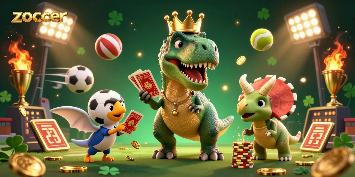 Zoccer brings fun as a T-Rex and friends engage in sports betting with vibrant elements.