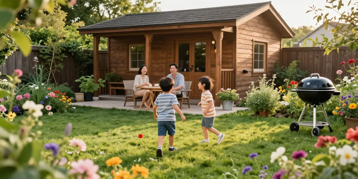 Gartenhaus Holz in einem einladenden Garten mit spielenden Kindern und einer Familie.