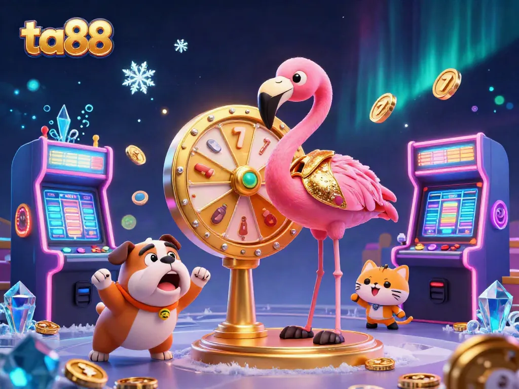 Spin the ta88 prize wheel with a vibrant casino game scene featuring lively characters and slot elements.