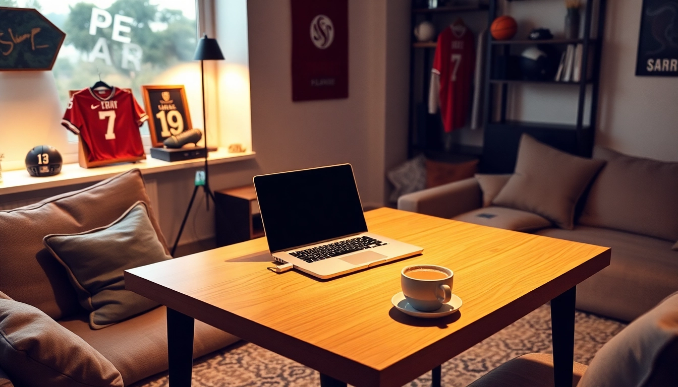 Neue online wettanbieter auf einem Laptop im modernen Wohnzimmer, präsentiert in warmem Licht.