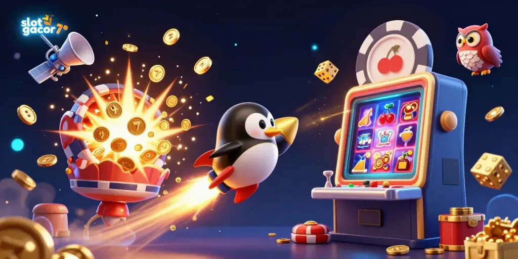 Experience the thrill of slot gacor with a dynamic 3D illustration of a golden penguin and vibrant casino elements.