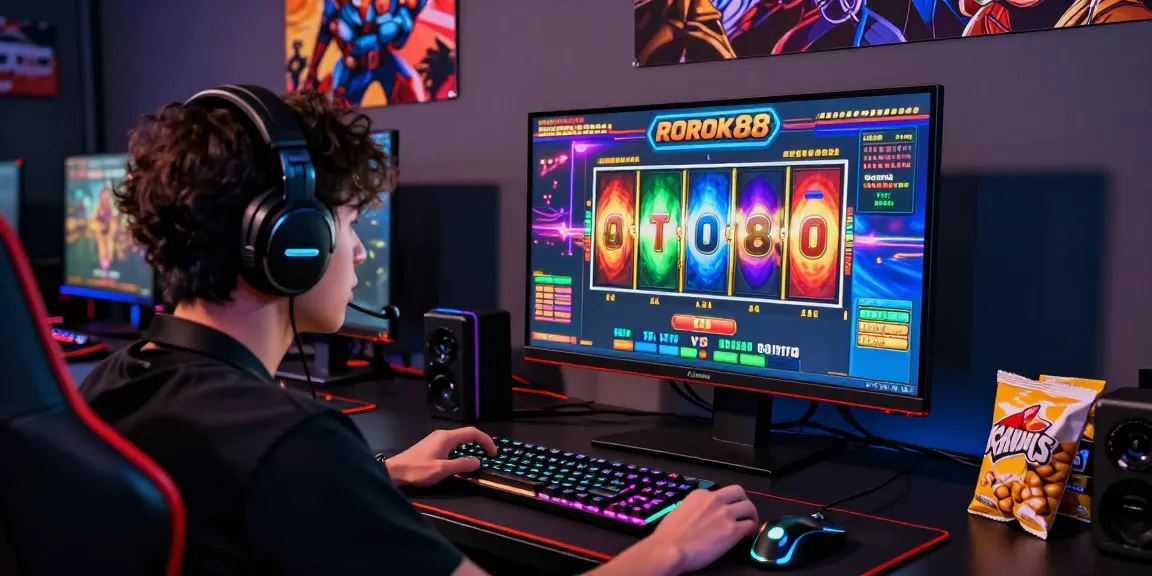 Player immersed in the rokok88 slot game in a vibrant gaming room