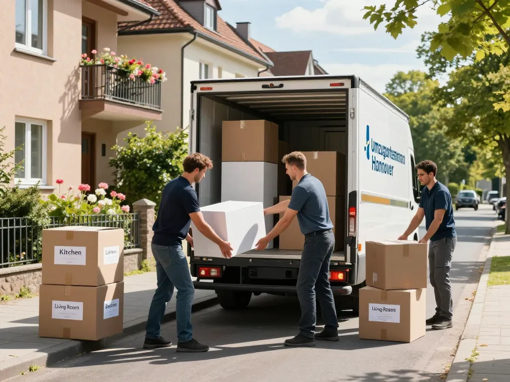 Professionelle Umzugshelfer eines Umzugsunternehmens Hannover laden effizient ein Umzugsfahrzeug an einem sonnigen Tag.