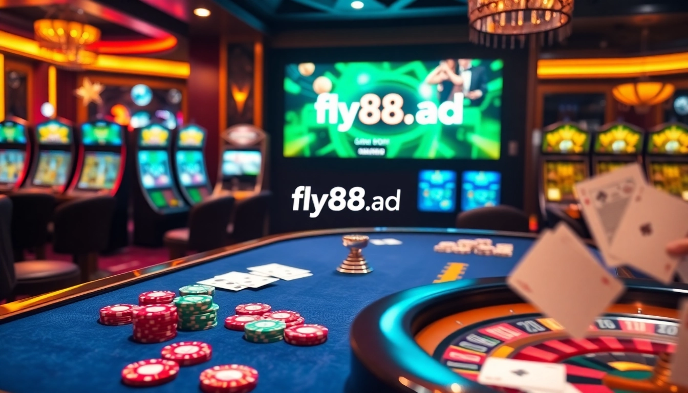 Experience the thrill of casino gaming at fly88.ad with vibrant poker tables and exciting slot machines.