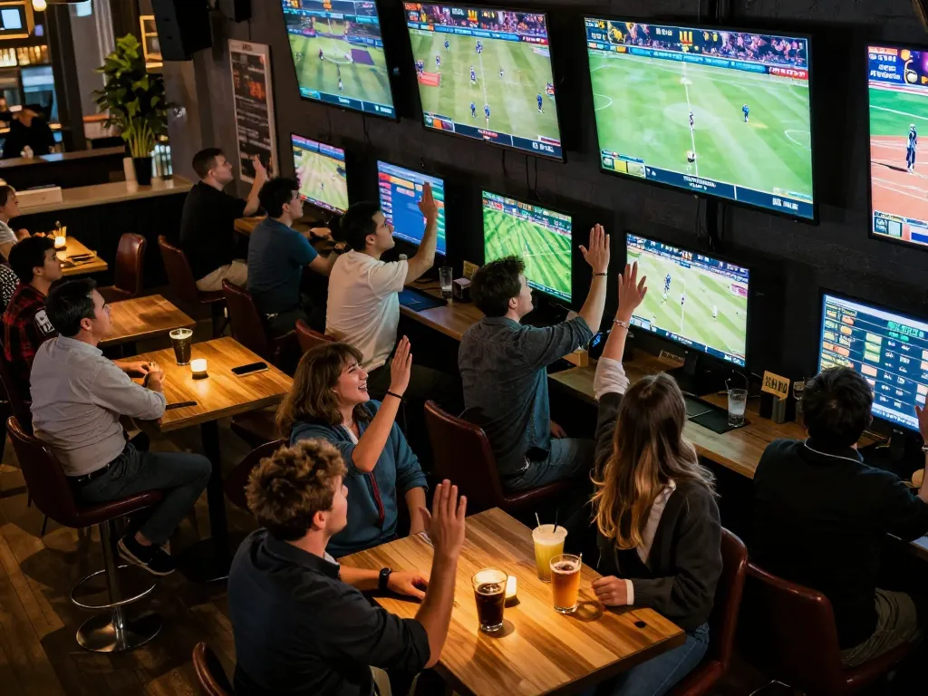 Exciting moments of sports betting at keonhacaii with patrons celebrating their wins.