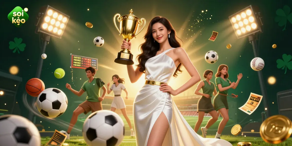 Soi kèo highlights expert sports betting strategies with a victorious woman holding a trophy