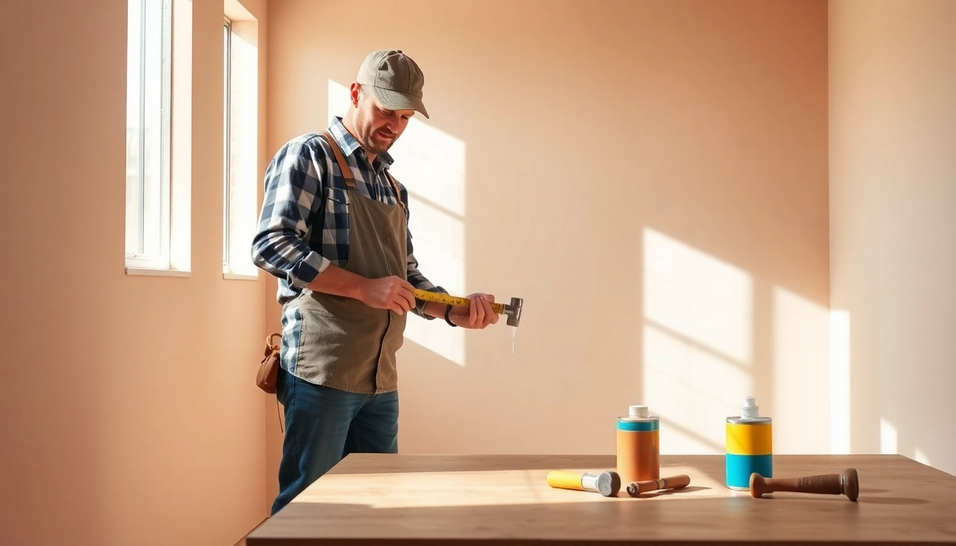 Handwerker überprüft die Ausrichtung während einer Hausrenovierung in einem hellen Raum.