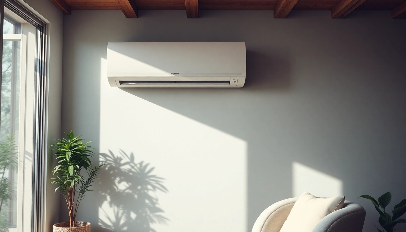 Vergleichen Sie Klima kosten, während Sie eine elegante Split-Klimaanlage in einem modernen Wohnraum betrachten.