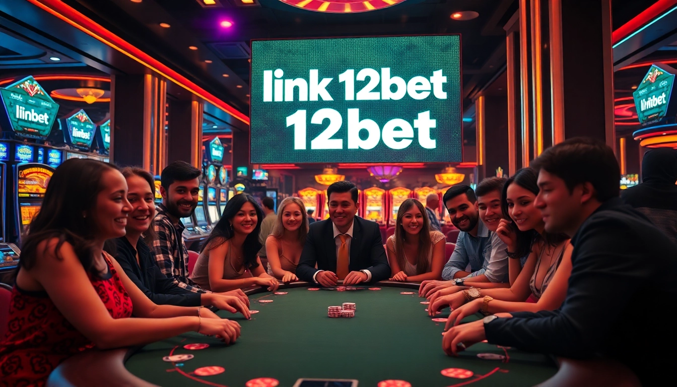 Excited players engaging with chips and cards at a casino table with the link 12bet highlighted.