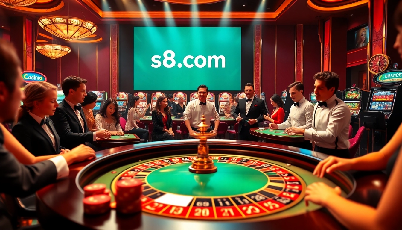 Excited players engaging at a roulette table at s8.com, showcasing an elegant casino atmosphere.