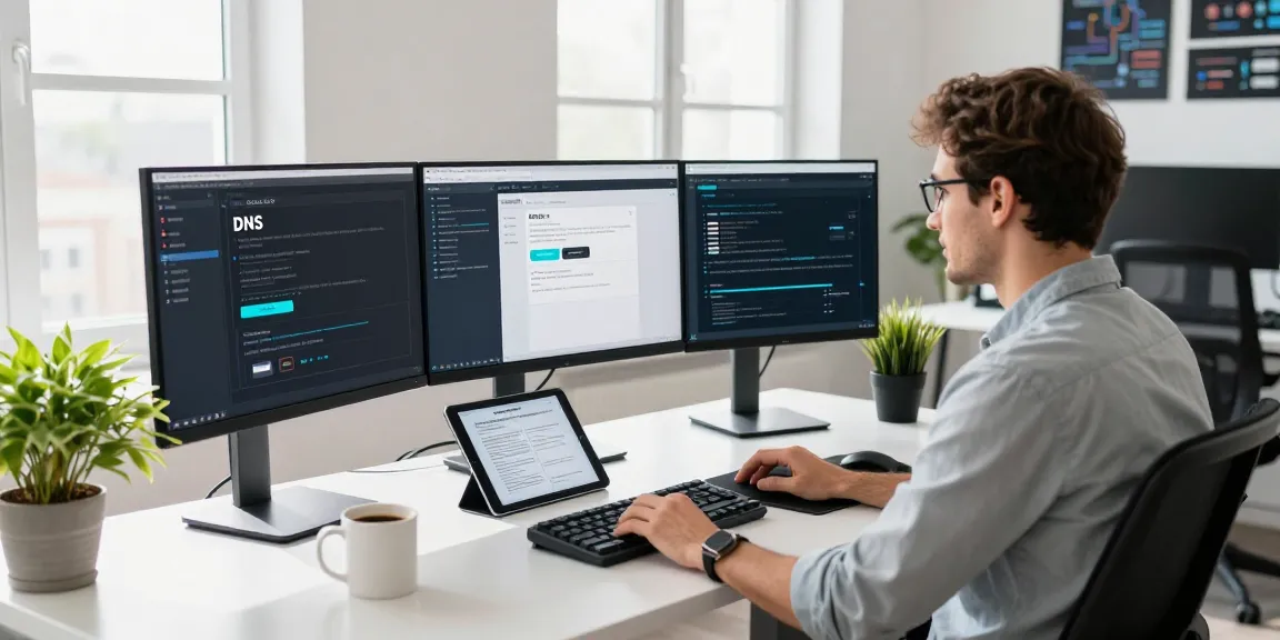 Control D Erfahrungen in a tech workspace showing a developer configuring DNS settings on multiple monitors