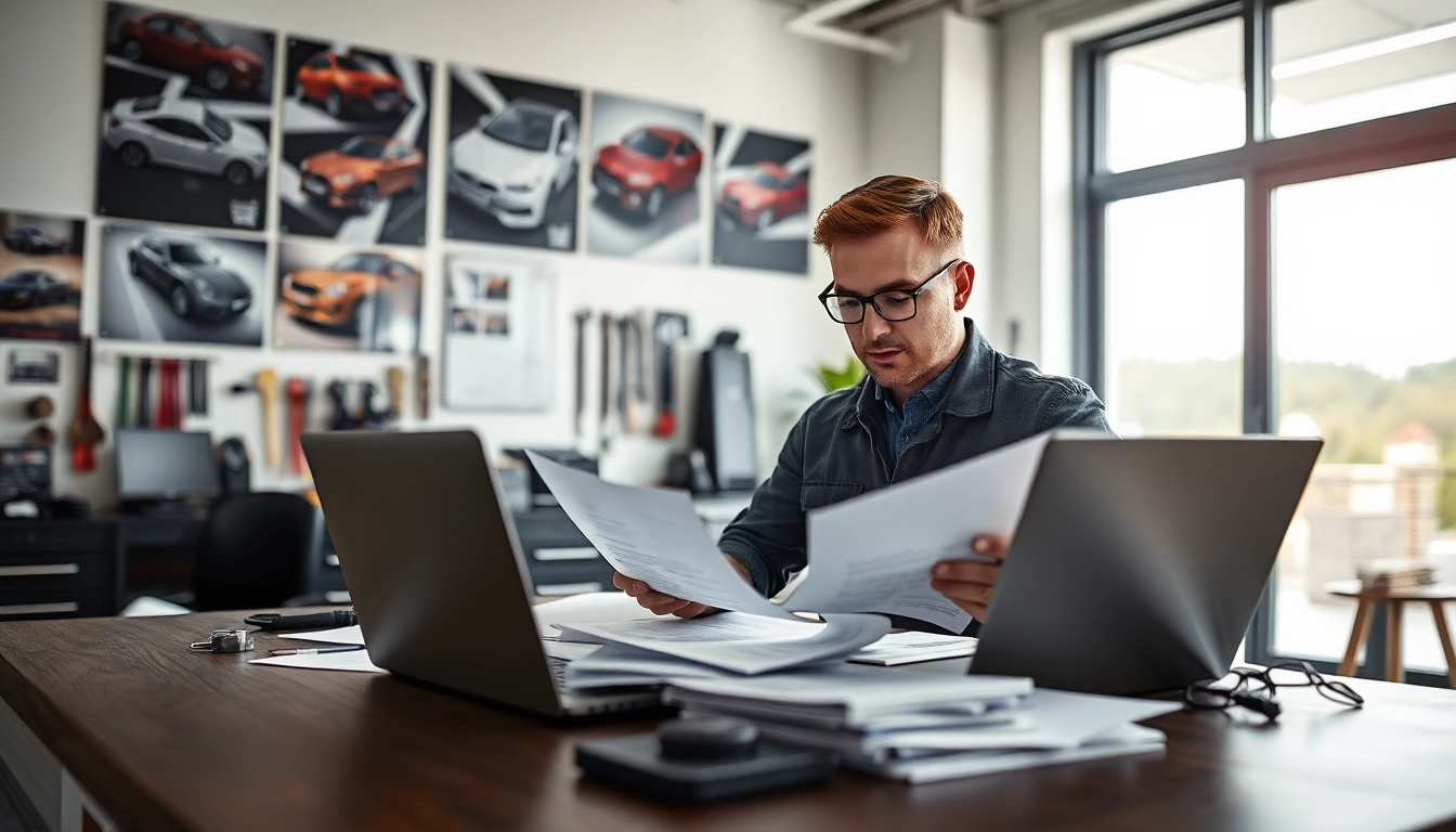 Kfz Gutachter Augsburg analysiert Fahrzeugschäden in einem modernen Büro.