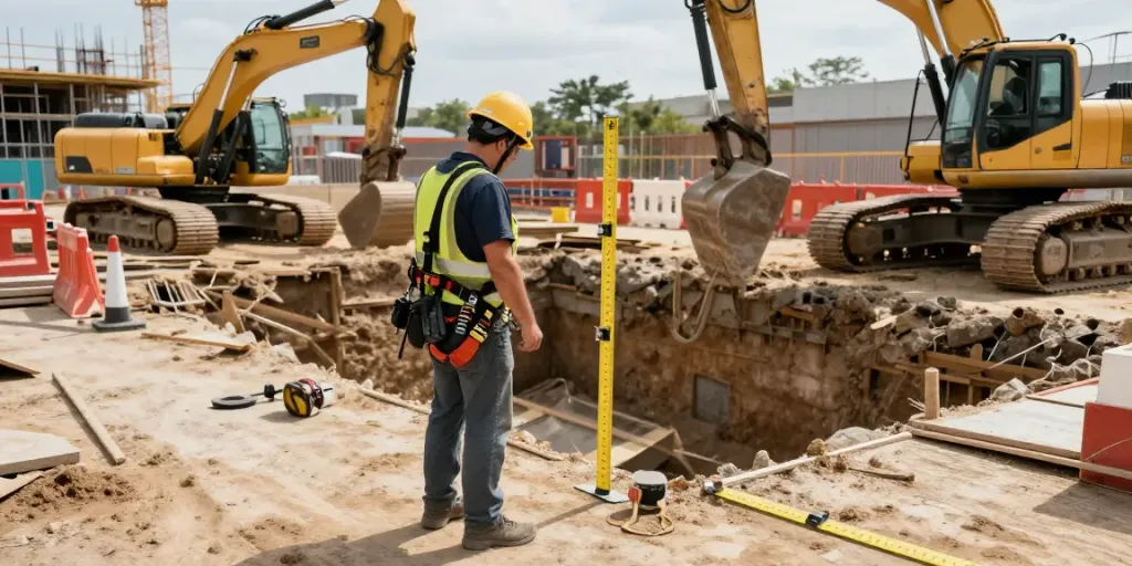Baugrubensicherung Wien auf einer Baustelle mit Sicherheitsmaßnahmen und Geräten