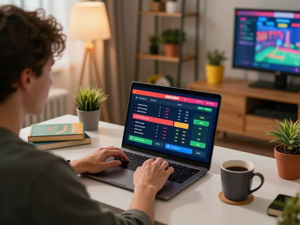 Engaging in sports betting with live odds updates for tỷ lệ nhà cái at a cozy home gaming setup.