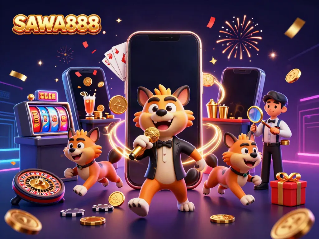 Experience the fun and excitement of SAWA888 at a lively comedy casino scene featuring hyenas.