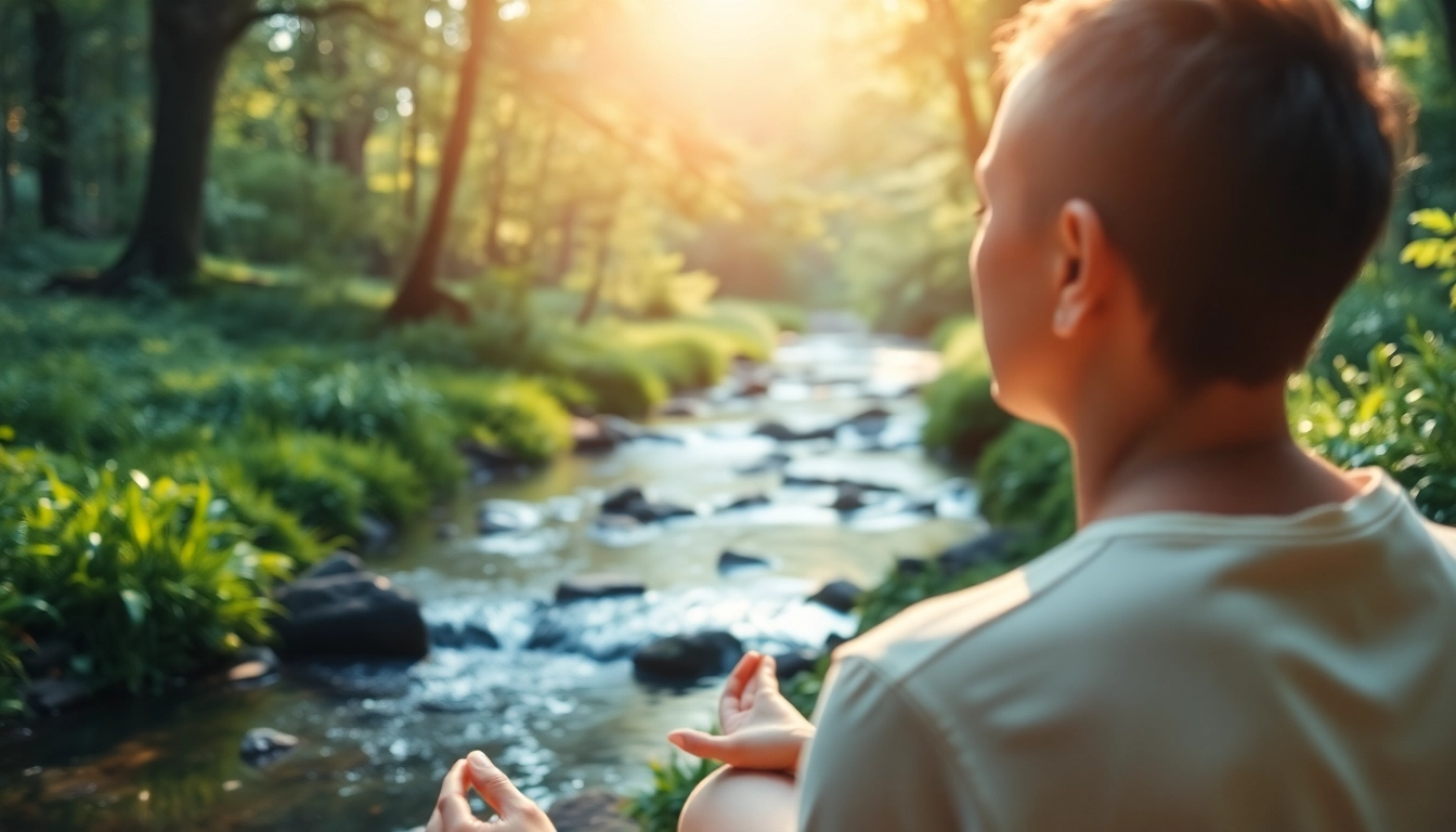 An individual meditating in nature, enhancing emotional wellbeing through relaxation and tranquility.