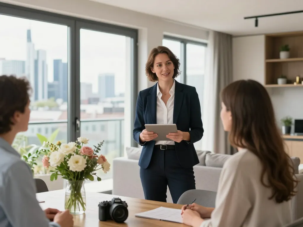 Immobilienmakler präsentiert Immobilieneigenschaften in einer stilvollen Wohnung, die von Immobilienmakler Frankfurt Preungesheim zum Verkauf angeboten wird.