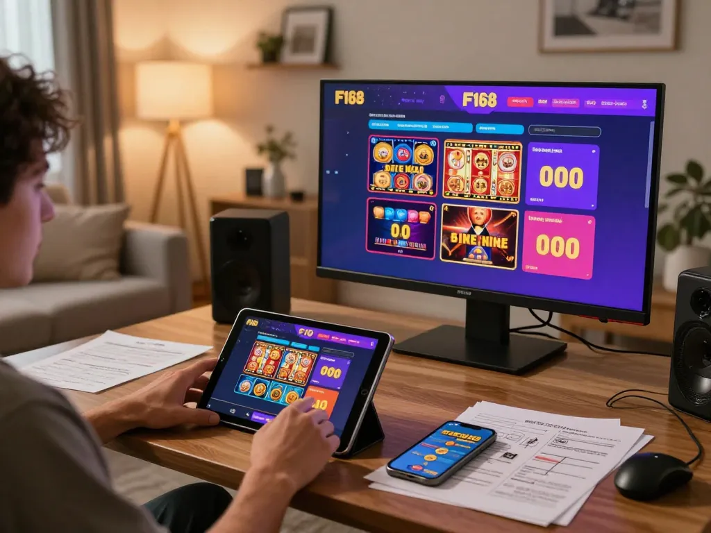 Players engaging with the F168 platform on mobile and tablet, enhancing their online casino experience