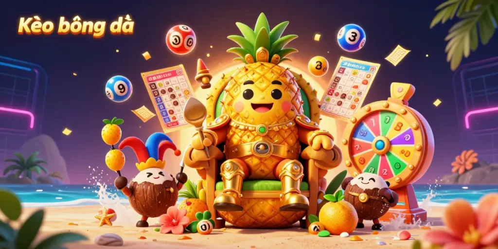 Engage with Kèo bóng đá in a vibrant, dynamic beach casino illustration featuring a golden pineapple king and lively lottery elements.