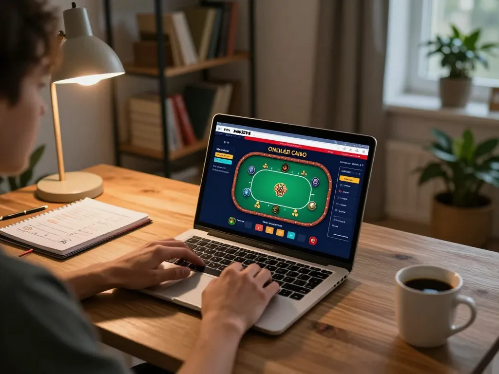 Experience poker gameplay at mk8th online casino in a cozy home office atmosphere.