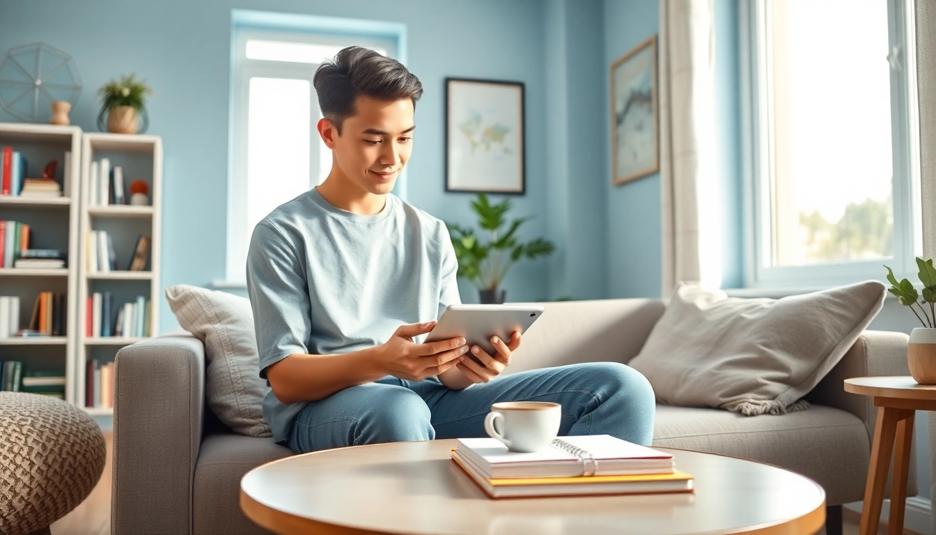 Young adult engaging with a friendly AI companion on a tablet, showcasing 18+ ai in a cozy modern setting.