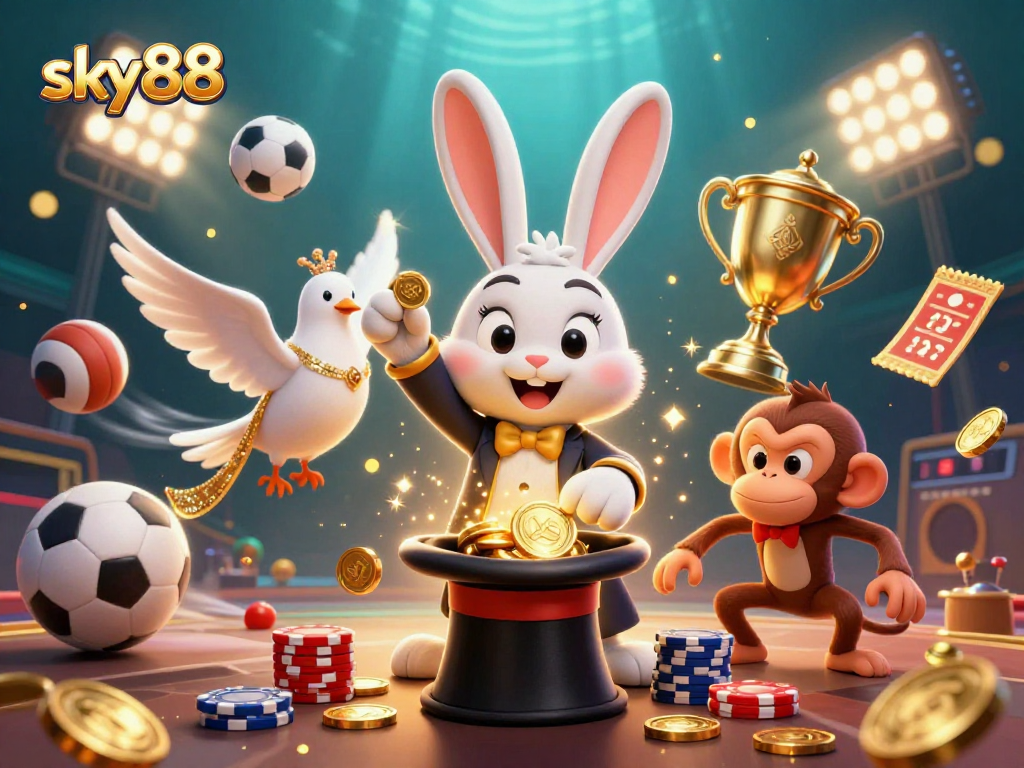 Experience the thrill at sky88 with a playful scene of a magician rabbit, dove, and monkey amidst sports and casino excitement.