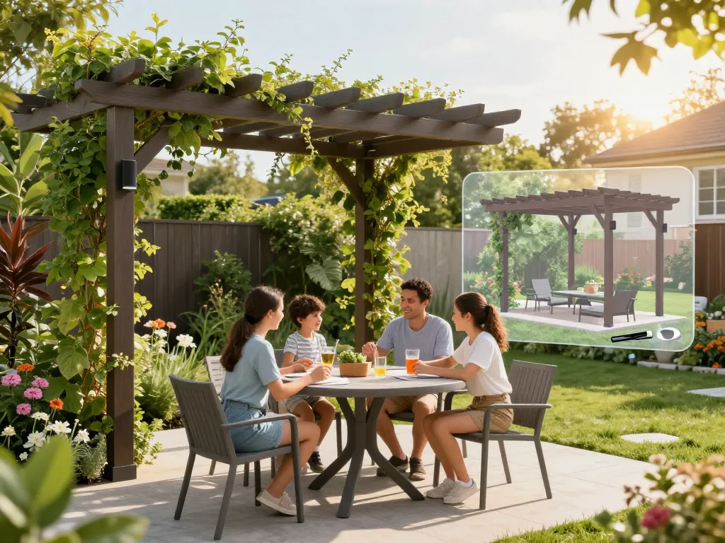 Familie genießt ihren Garten mit einem in Augmented Reality dargestellten Pergola 3D-Modell.