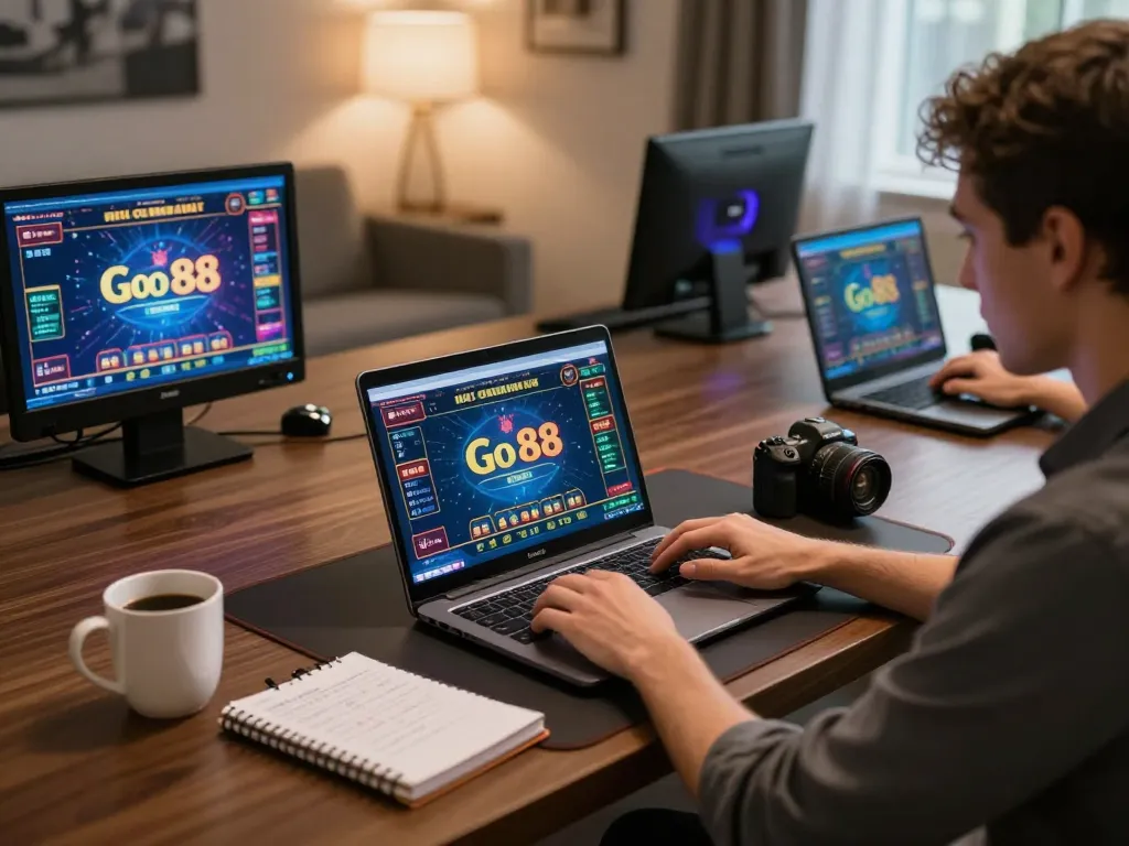 Tham gia vào trò chơi casino trực tuyến Go 88 với một chiếc laptop trong không gian sống hiện đại, thể hiện sự chơi game có trách nhiệm.