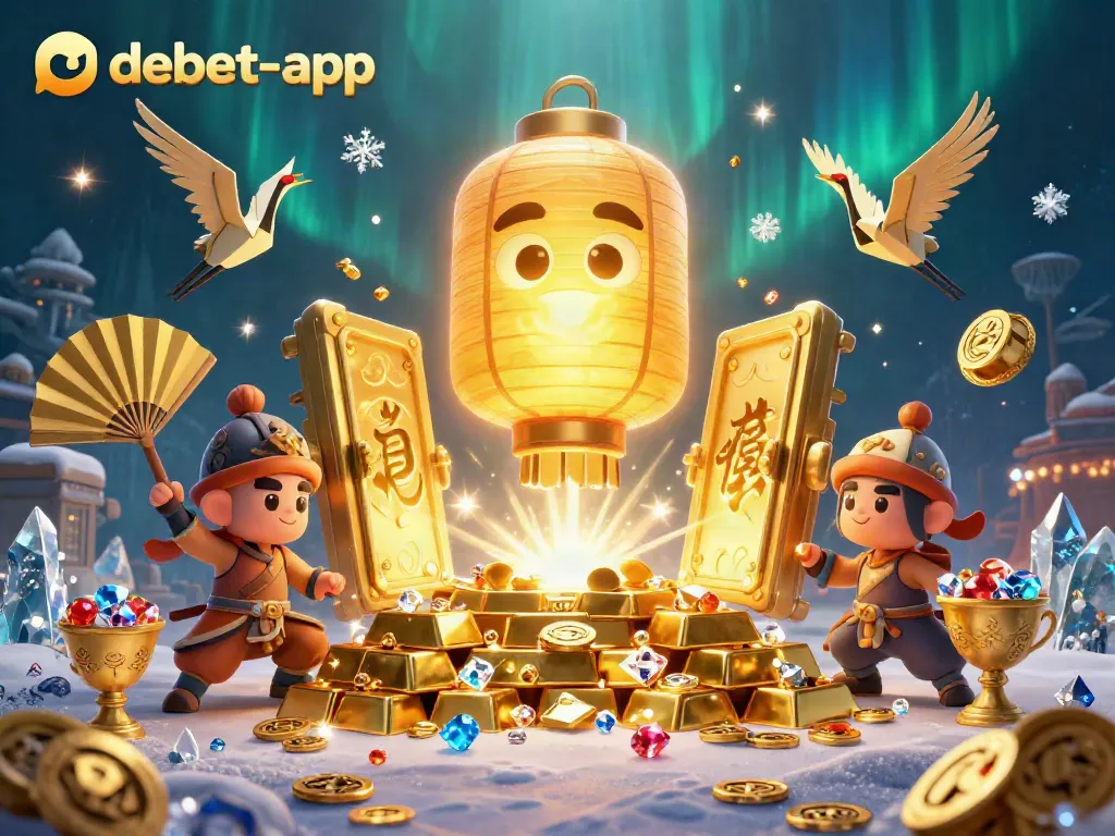 Experience thrilling gaming with debet-app, featuring vibrant scenes of a golden lantern spirit and treasure in a lively casino.
