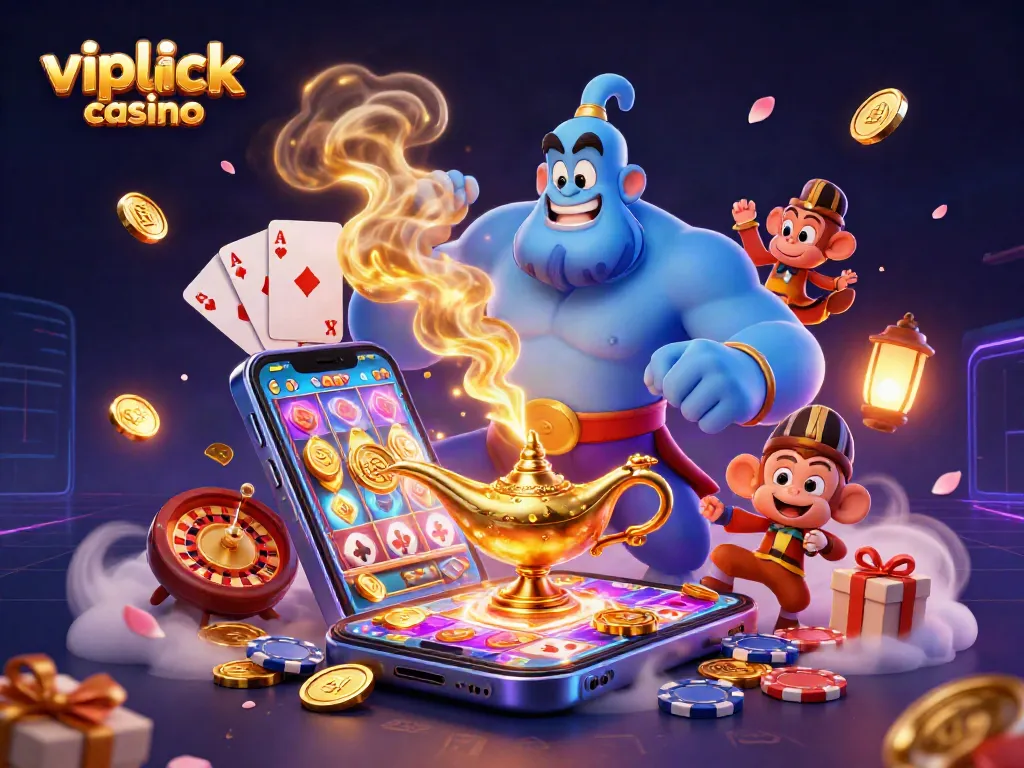 Experience exciting gameplay at vipluck casino with a dynamic 3D illustration featuring a genie and gaming elements.