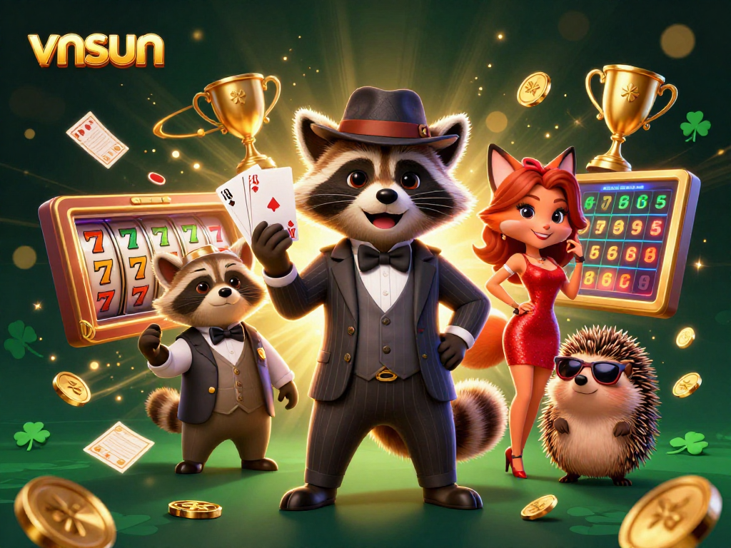 Experience the excitement of vnsun with a suave raccoon and lively gaming elements in a dynamic casino scene.