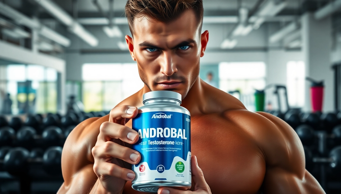 Androbal Testosterone Compound bottle held by a professional bodybuilder in a gym.