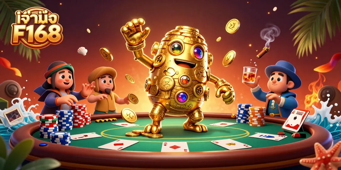 Engage with เจ้ามือ F168 as the golden golem symbolizes prosperity in an animated casino scene.